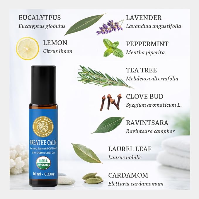 Silk Road Organic Breathe Calm Essential Oil Breathe Easy Blend Roll On, 100% Pure USDA Certified Aromatherapy for Cold, Cough, Congestion, Allergy & Sinus Relief - 10 ml Roller