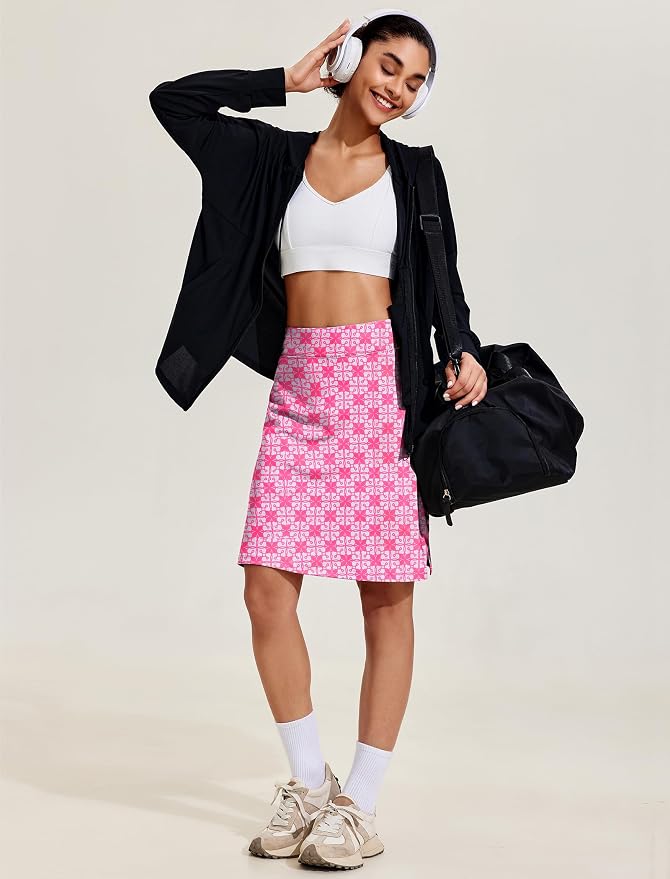 COOrun Women's 20" Knee Length Skirts High Waisted Golf Skorts with Pockets | Soft, Quick Dry, Split Hem, Built-in Shorts, A-line, Modest Skirts, for Golf Athletic Tennis Work Casual