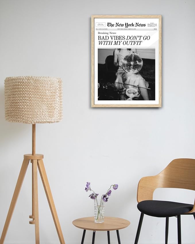 EcoHest 12x16 in Bad Vibes Don't Go With My Outfit Framed Wall Art | Natural Oak Wood Frame, Canvas Wall Art, Disco Fashion Newspaper Wall Decor for Bedroom, Apartment, Dorm, College Room, 1Pack