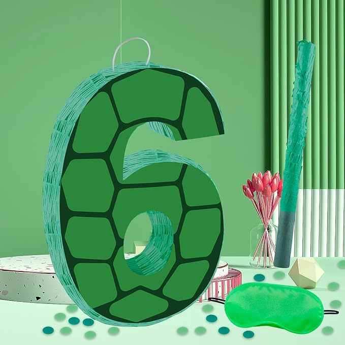 16 Inch Turtle Number 6 Pinata, Turtle Birthday Decorations, Turtle Theme Pinata with 16 Inch Stick Blindfold Confetti for Boy Girl Kids 6th Birthday Party Supplies(6th)