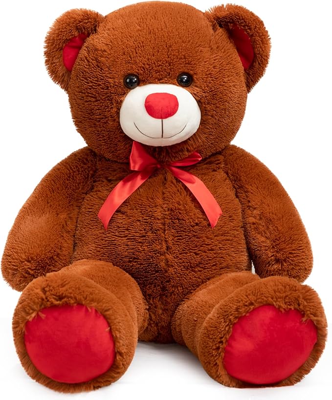 BigTeddy Bear Stuffed Animal Giant Teddy Bear Plush with Red Ribbon Bow Plush Toy Gift for Girlfriend Bride 36 inch Brown