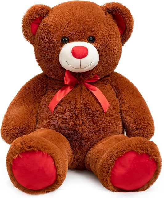 BigTeddy Bear Stuffed Animal Giant Teddy Bear Plush with Red Ribbon Bow Plush Toy Gift for Girlfriend Bride 36 inch Brown