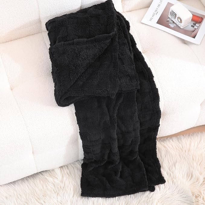 Black Fleece Throw Blanket 90”×90”Checkered Design for Couch Sofa | Super Soft Cozy Plush Microfiber 3D Square Pattern Flannel Blanket for Bed Lightweight for Adults,Women