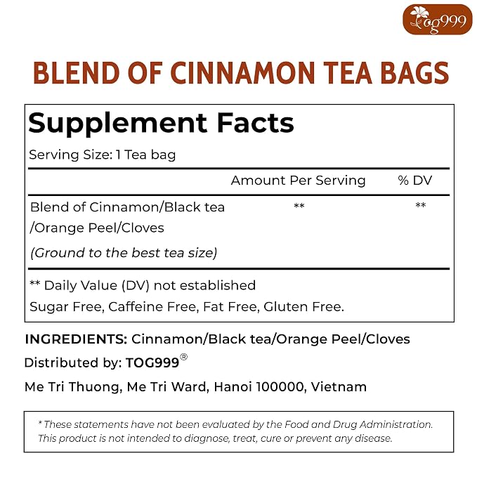 TOG999, 60 Tea Bags – Special Blend of Cinnamon, Black Tea, Orange Peel and Cloves, 100% Natural Ingredients, Hand-made Blend Herbal Tea. Eco-conscious Tea Bags. No Sugar, No Caffeine, No Gluten, Vegan.