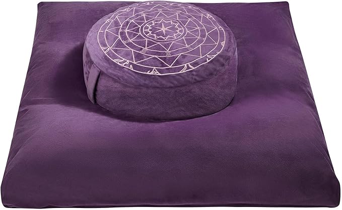 ellier Zafu & Zabuton Meditation Cushion Set - Buckwheat Hull & Memory Foam Pillows, Ergonomic Support for Yoga, Mindfulness - Organic Velvet Cover, Large Size, Purple