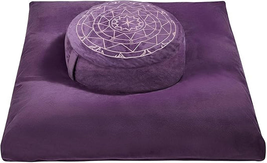 ellier Zafu & Zabuton Meditation Cushion Set - Buckwheat Hull & Memory Foam Pillows, Ergonomic Support for Yoga, Mindfulness - Organic Velvet Cover, Large Size, Purple