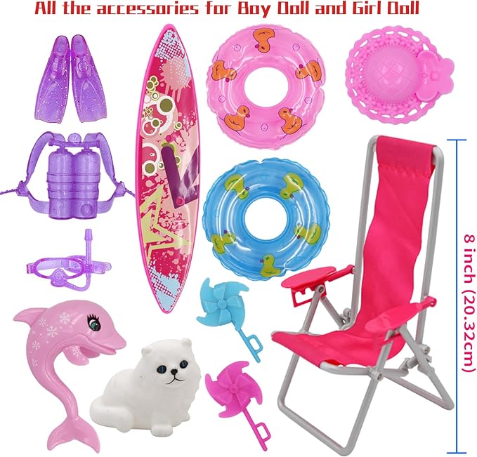 42Pcs Doll Clothes and Swimming Accessories for 12 inch Boy and Girl Dolls Includes Bikini Swim Suit Swim Trunks Skateboard Lifebuoys Chair Diving Swimming Sets for 12 inch Doll Beach Style