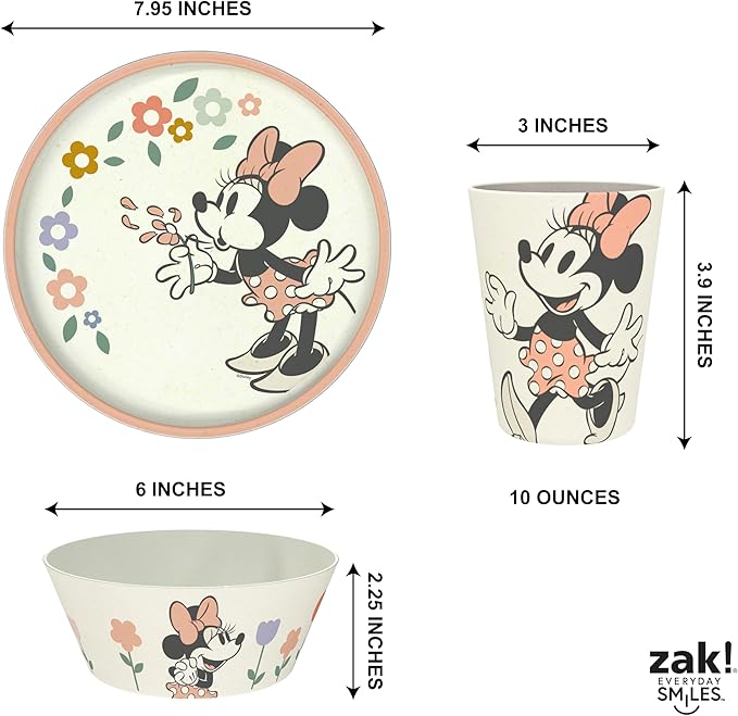 Zak Designs Disney Kids Dinnerware Set 3 Pieces, Durable and Sustainable Melamine Bamboo Plate, Bowl, and Tumbler are Perfect For Dinner Time With Family (Minnie Mouse)