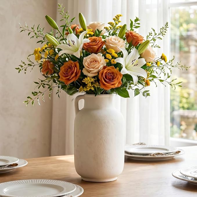 Ceramic Flower Vase, 9.3in Farmhouse Table Rustic Vases, Small Flower Terracotta Vases for Home Decor, Living Room,Table, Handcrafted (Antique)