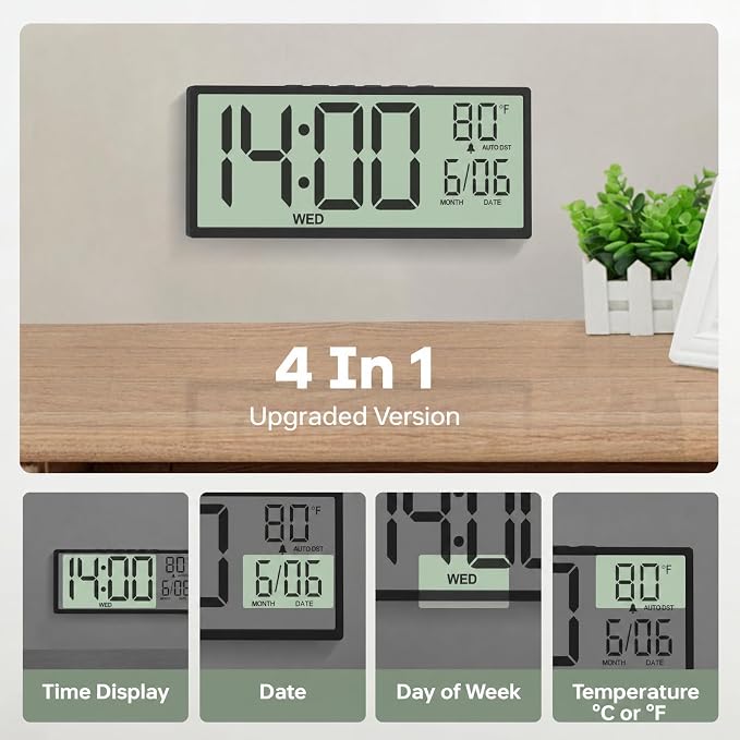JALL Large Digital Wall Clock Battery Operated, Wall Clock with Big Numbers LCD Display, Digital Clock with Date Day Temperature, Alarm, Auto DST, Clocks for Office, Gym, Bedroom, Elderly- Black