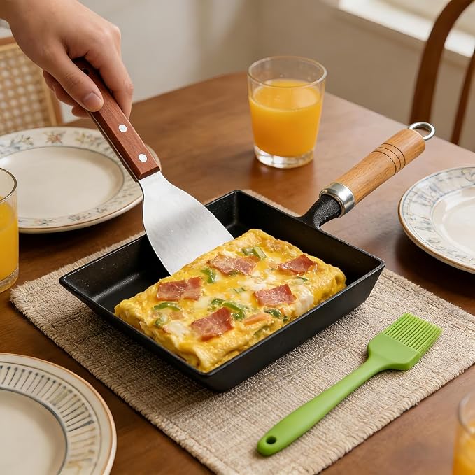 RIIPOO Cast Iron Tamagoyaki Pan Japanese Omelette Egg Tamago Pan Skillet with Turner & Brush