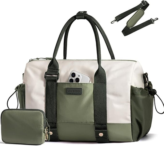 LOVEVOOK Small Gym Bag for Women with Yoga mat Holder, Mini Duffle Bag for Travel with Wet Pocket, Overnight Personal Item Bags (White-Green, 16.5 inch-Large-2Pcs)