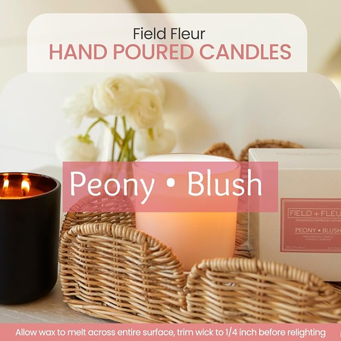 Peony Blush Scented Candle – Luxury 12oz Soy Wax, 2-Wick Handwoven Glass Jar, Sandalwood,Pink Peppercorn with Rose Blooms & Jasmine– Santal Candle, 75+ Hour Clean Burn, USA Made