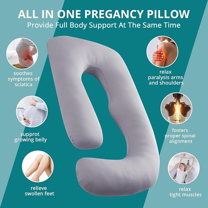 Sasttie Pregnancy Pillows for Sleeping, Jumbo U Shaped Cooling Full Body Pillow with Removable Cover, Pregnant Women Must Haves, Maternity Essential, Light Grey