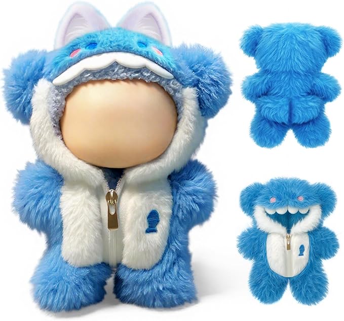 17cm Doll Clothes, Plush Shark Outfit and Clothes Accessories, Hooded One-Piece Suit with Zipper, Fluffy Blue Dress Up Clothes for Dolls (No Doll)