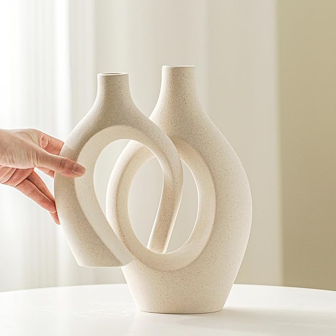 Lvases Snuggle Hollow Ceramic Vase Set of 2, Boho Style Nordic Modern Vase | Round Mid Century Aesthetic Decorative Vase for Home Decor Living Room Kitchen Book Shelf Decorations (Cream W 6.8" X H 11")