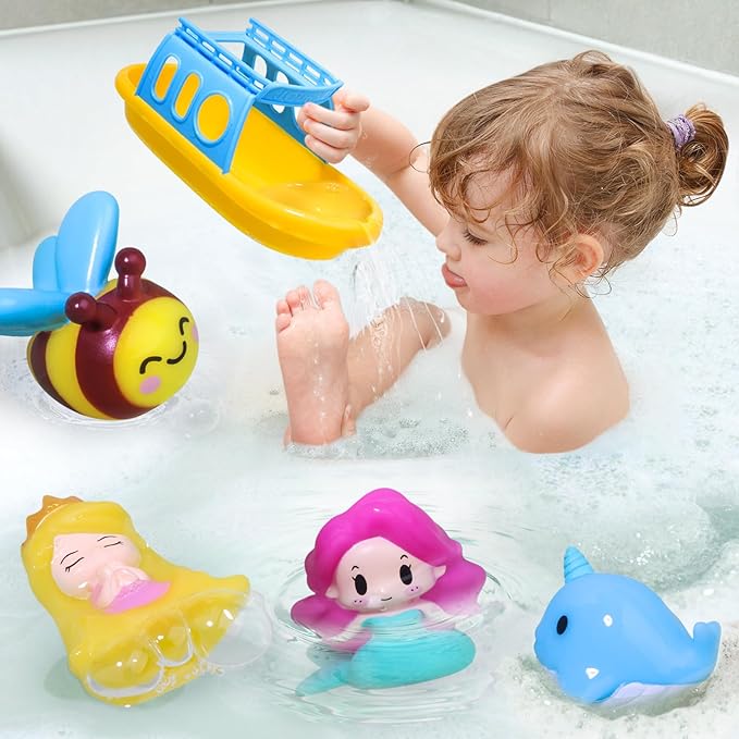 Oriate Mermaid Princess Finger Puppets Bath Toys(5 PCS) for Kids Toddlers 1-3 with Bath Boat, Baby Bathtub Shower Toys, Animal Whale Bee, Floating Water Beach Pool Toys