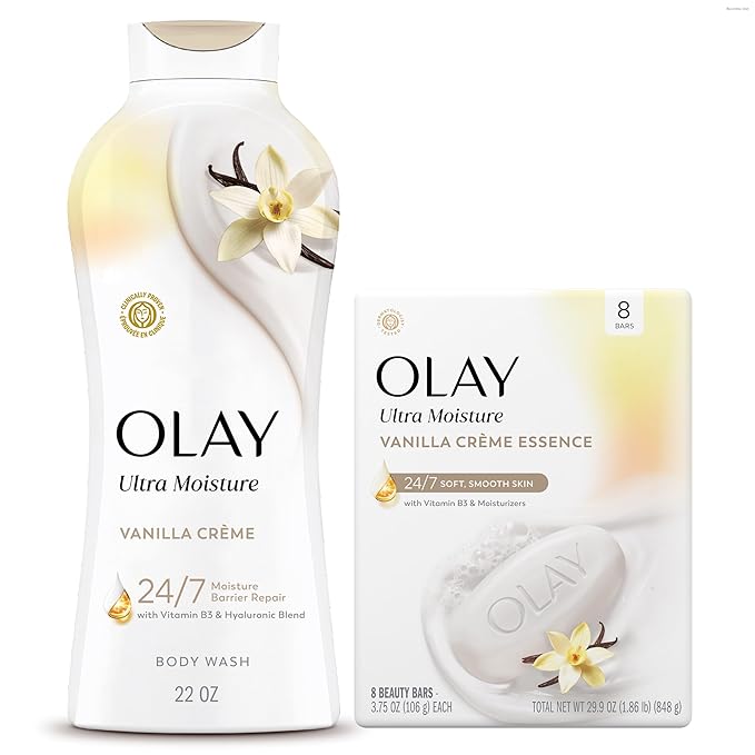 Olay Body Wash + Beauty Bar (Pack of 8) Bundle for Women, Vanilla Crème Scent, Ultra Moisture, 24/7 Moisture Barrier Repair, 24/7 Soft & Smooth Skin, For All Skin Types, 22 fl oz & 3.75 oz (Pack of 2)