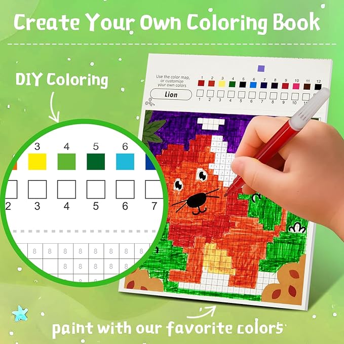 DoodleDoo Animals Mosaic Coloring Book for Kids 5-9,Paint by Number Drawing Kits Party Favors, DIY Arts and Crafts Classroom Activity Supplies, Birthday Gifts for Girls Boys Ages 5 6 7 8 9 10 11 12