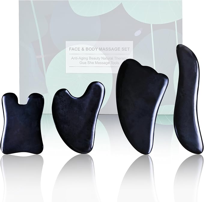 Rena Chris Guasha Massage Tool, 4 pcs Gua Sha Facial Tool, Guasha Board for SPA Acupuncture Therapy Trigger Point Treatment, Gua Sha Scraping Massage Tool (Black)