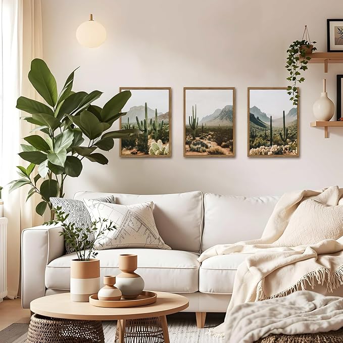 Framed Desert Landscape Wall Art Set of 3, Vintage Southwestern Cactus Wall Decor Paintings, Mexican Mountain Botanical Pictures Canvas Prints for Living Room Bedroom Bathroom Office 16x24 inch