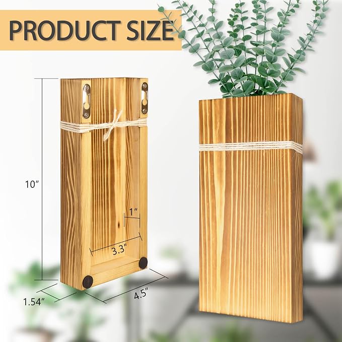 Wall Planters for Indoor Plants-2 Pack Wood Wall Vases for Dried Flowers & Artificial Plants Modern Farmhouse Wooden Vase for Living Room Bedroom Kitchen Decorations - Brown Large