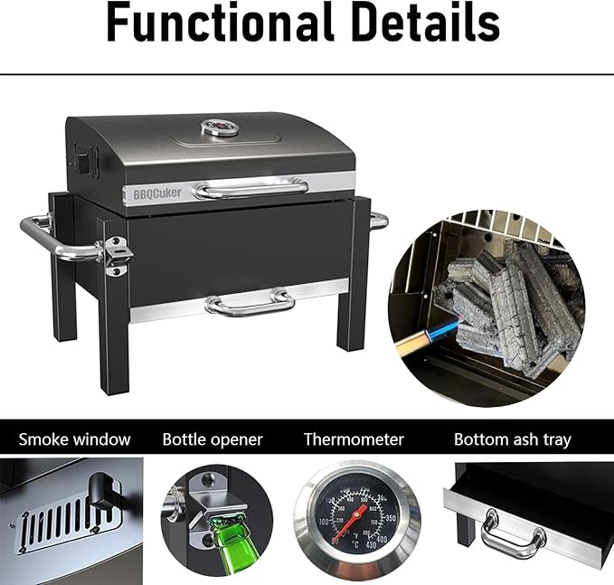 BBQCuker Portable Charcoal Grill with Warming Rack, Tabletop Charcoal Grill, Small BBQ Grill with Thermometer(100-800°F), Outdoor Charcoal Smoker for Camping, Picnic, Hiking, Beach and Travel