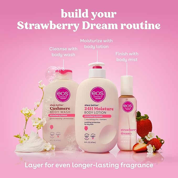 eos Shea Better Body Lotion Strawberry Dream, 24-Hour Moisture Skin Care, Lightweight & Non-Greasy, Natural Shea, Vegan, Strawberry Body Lotion, 16 fl oz