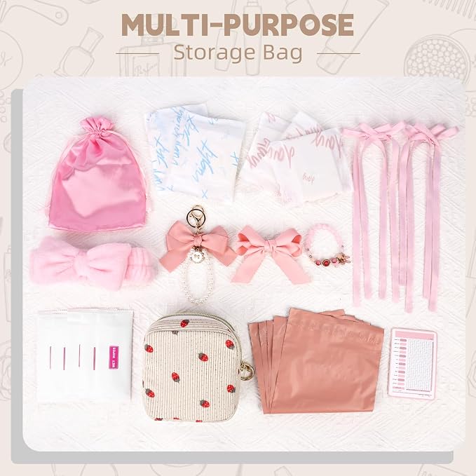 First Period Kit for Teen Girls, Bow Tie Corduroy Cute Sanitary Napkin Storage Bag, Menstrual Pad Bag Tampon Holder for Purse, First Period Gifts, Birthday/Christmas Gifts (Strawberry)