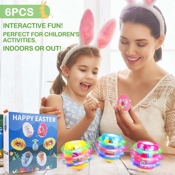 6 PCS Easter Basket Stuffers for Toddler Kids, Light Up & Singing Spinning Top with Flash, Easter Eggs Hunt Party Favor Toy Gifts, Kids Goodie Bag Fillers, Easter Gifts for Boys Girls 3+, Decorations