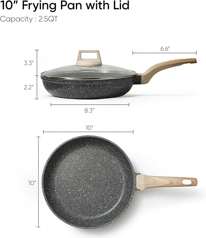 CAROTE Non Stick Frying Pan, 10 Inch Classic Granite Skillet with Glass Lid | Non Toxic Kitchen Healthy Stone Cookware, Compatible with All Stovetop, Dishwasher Safe, PFOA Free