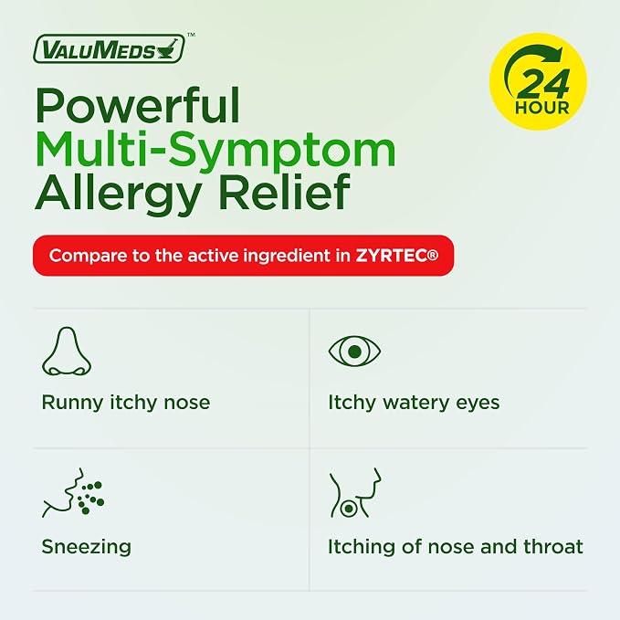 ValuMeds 24-Hour Allergy Medicine Antihistamine for Pollen, Hay Fever, Dry, Itchy Eyes, Allergies | Cetirizine HCl 10mg Caplets, Compare to Leading Brand (300 Count)