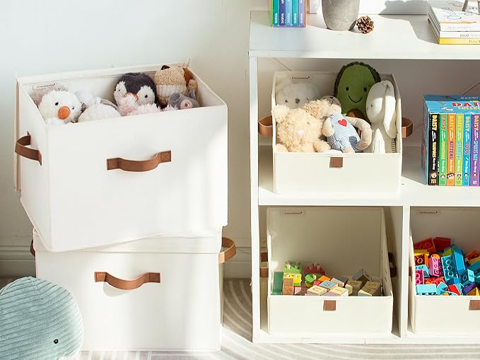 StorageWorks Fabric Storage Bins with Lids, Large Closet Storage Bins | Flip-Top Lid, 3 Handles, Collapsible, Stackable, for Clothes Blankets, Multi-Purpose, Large, Ivory White, 2-Pack