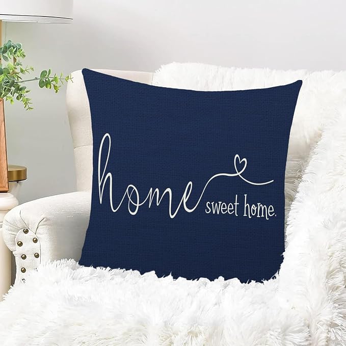 Home Sweet Home Quotes Farmhouse Pillow Covers 18x18 Inch,Farmhouse Decorative Lumbar Throw Pillow Case Cushion Cover,Housewarming Gift,Blue