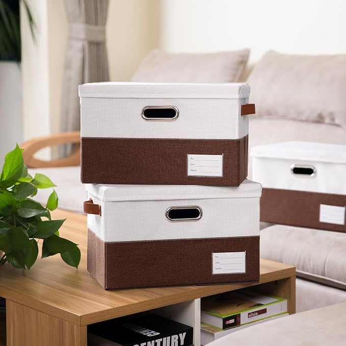 Foldable Storage Bins with Lids [3-Pack] Fabric Collapsible Storage Boxes Baskets Cubes Containers with Handles for Closet Living Room Bedroom (Brown & White 17.7x11.8x11.8'')