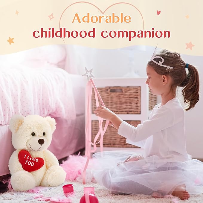 12" Teddy Bear with Heart, Cute Cream Teddy Bear Stuffed Animals for Valentines Soft Bear Plushie Toy Stuffed Bear Plush Gifts for Girlfriend Kid, Christmas