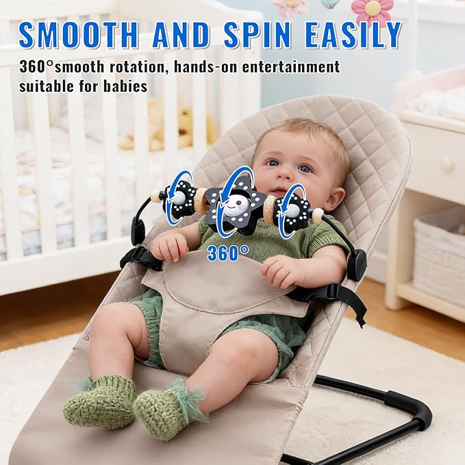 KENKYO Wooden Baby Bouncer Toy Bar Compatible with Baby Bjorn, Rotatable Bouncer Toy Attachment, Funny Sensory Toy for Newborn to Toddler, Easy to Attach and Remove (Black)