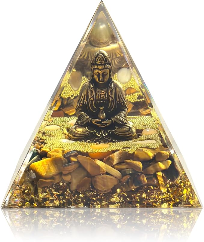 Orgone Pyramid with Healing Crystals - (Buddha, Golden) - Energy Generator for Positive Vibe, Stress Relief & Chakra Reiki Meditation - Pyramid Decor - Spiritual Gift for Success, Wealth & Prosperity