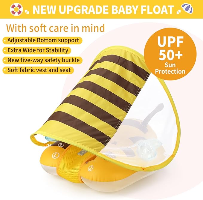 Free Swimming Baby Inflatable Baby Swim Float with Sun Canopy Size Improved Infant Pool Floaties Swimming Pool Toys for The Age of 3-36 Months(Yellow, Large)