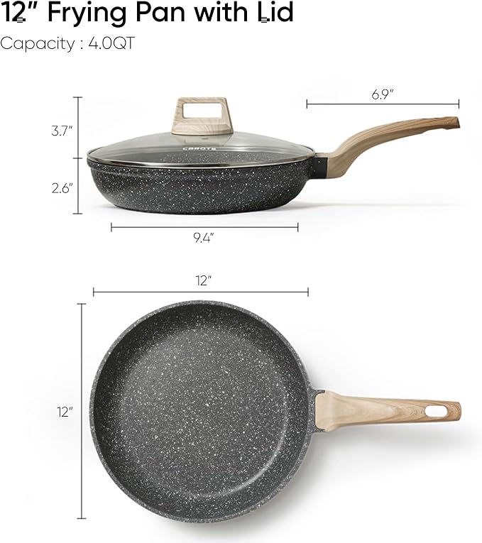 CAROTE Non Stick Frying Pan, 12 Inch Classic Granite Skillet with Glass Lid | Non Toxic Kitchen Cookware, Compatible with All Stovetop, PFOA Free