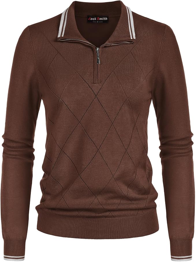 JACK SMITH Quarter Zip Pullover Sweaters for Womens, Rib Polo Sweater Tops | V Neck,Knit,Long Sleeve,Argyle,Open Pattern,Callar,Lightweight,Fashion,Golf Work Business Daily Wear Versatile Pullover Shirt