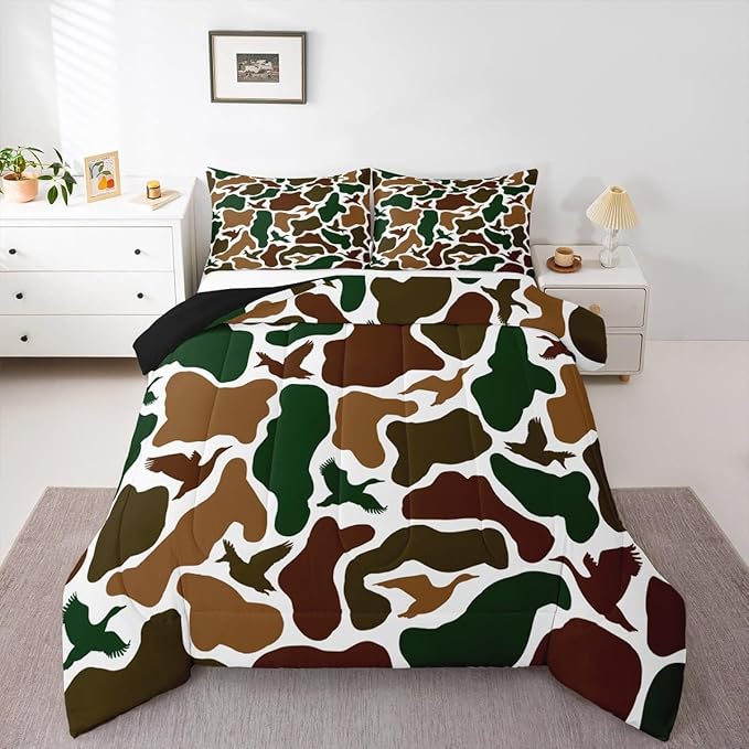 Erosebridal Camo Army Comforter Set Full Size Hunting Duck Bedding Set for Adults Teens Military Camouflage Comforter Wild Farmhouse Woodland Quilt Bedroom Decor