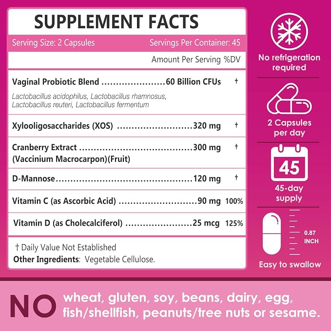 Vaginal Probiotics for Women, 60 Billion CFU, 90 Capsules | Supports Balanced Vaginal pH & Flora, Promotes Urinary Tract Comfort, Nourishes Gut & Digestive Health, Strengthens Immunity