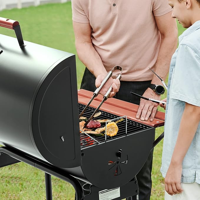 Royal Gourmet CC1830V 30 Barrel Charcoal Grill with Wood-Painted Side Front Table, 627 Square Inches Cooking Space, for Outdoor Backyard, Patio and Parties, Black | Wood-Painted Table, 627 Square Inches Cooking Space, Outdoor BBQ Grill for Outdoor Back...