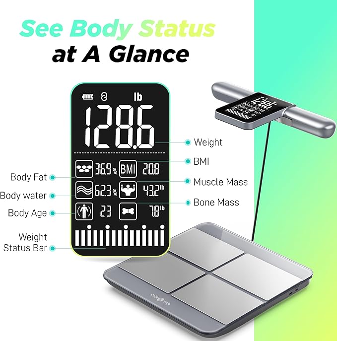 RunStar 8-Electrode Scale for Body Weight, Accurate Body Composition Scale with BMI Body Fat Muscle Mass 50+ Metrics, Rechargeable Body Analyzer with Large Screen Handle, 400lb, Silver