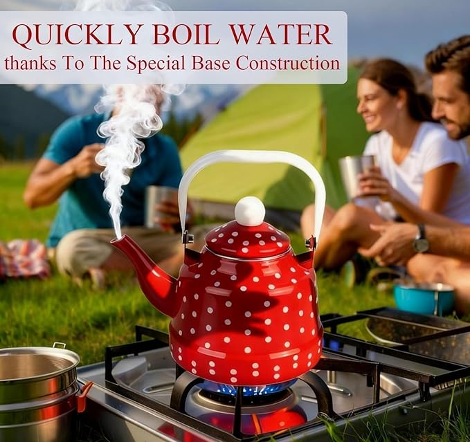 2.5 Quart Vintage Enamel Tea Pot Stovetop,Enamel Water Kettle Teapot with Red and White Spots,Enamel on Steel Water Coffee with Handle,Hot Water Kettle for Hot Water,No Whistling,Wedding Gift