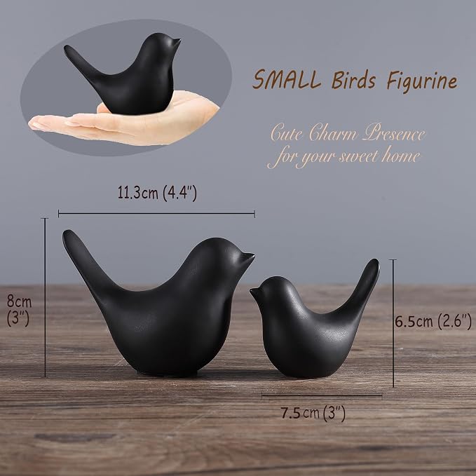 FANTESTICRYAN Small Birds Statues Home Decor, Modern Style, Black, S&L | Ceramic Animal Figurines, Set of 2 Decorative Ornaments, For Living Room, Bedroom, Office Desktop, Cabinets, Coffee Bar