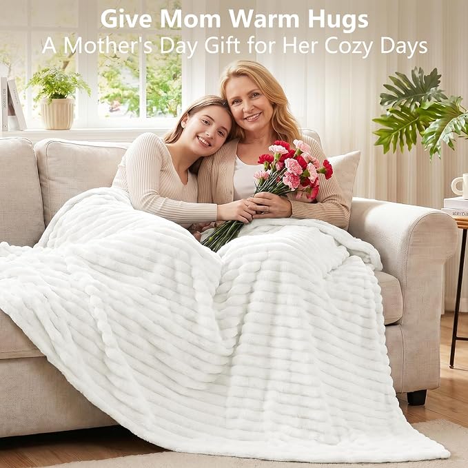 Off White Twin Blanket for Bed & Couch, 60 x 80 Inch | 300GSM Ribbed Fleece Blanket, Soft, Cozy & Lightweight, OEKO-TEX Certified, All-Season Use for Travel, Dorm & Home Decor