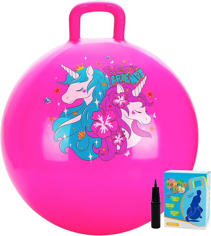 U&C Planet Hopper Ball 20 inches Bouncy Ball with Handle for Kids Age 5-9 Hoppity Hop Sit and Bounce Jumping Hopping Toy with Pump and Gift Box Great Gift for Birthday Christmas, Pink