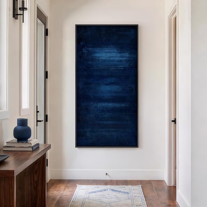 Large Framed Navy Blue Abstract Wall Art, Modern Vertical Canvas Prints Paintings Artwork for Walls, Minimalist Contemporary Dark Blue Pictures Wall Decor for Hallway Living Room Bedroom, 30x60 In